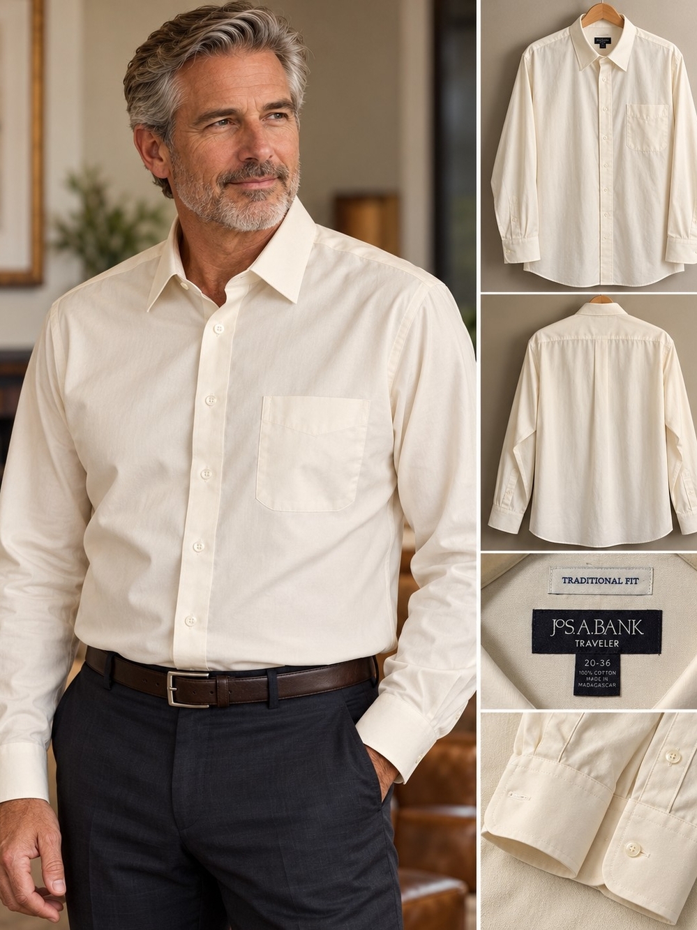 Jos. A. Bank Traveler Traditional Fit Ecru Dress Shirt 20-36 100% Cotton